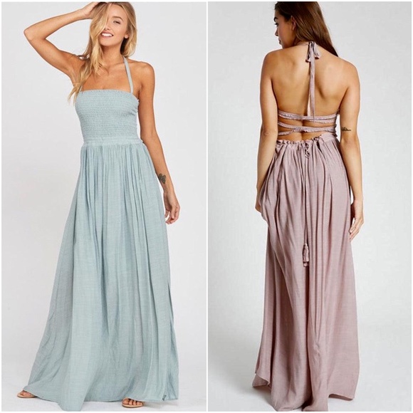 029 Boho Mauve Cross Strap Smocked backless Halter Maxi Dress - Picture 2 of 2